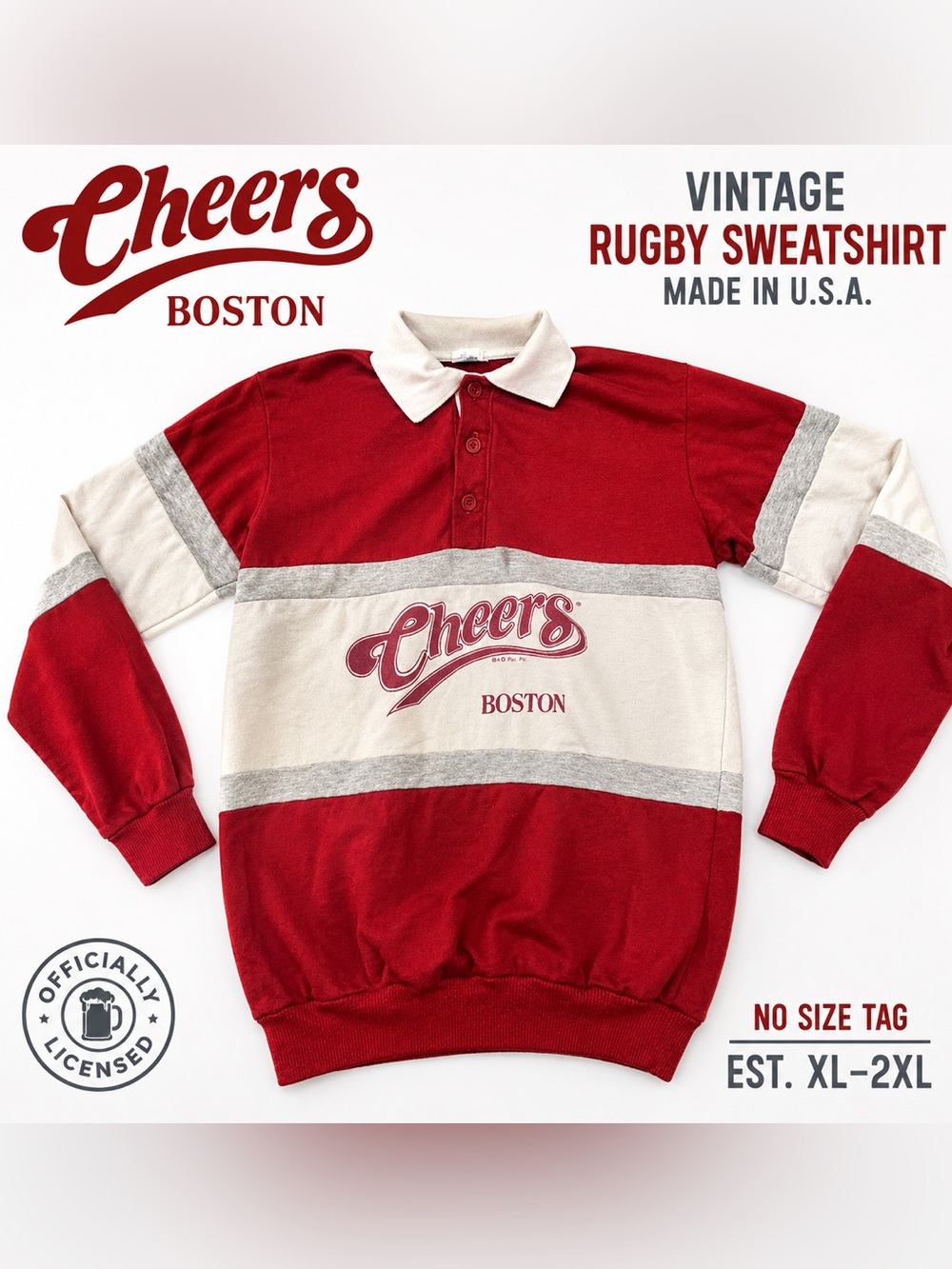 Vintage Cheers Boston Rugby Sweatshirt Pullover Red Collared USA Made TV Show